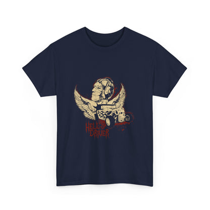 Luxurious men's graphic t-shirt featuring an intricate vintage 'Hell's Driver' design showcasing an angelic winged figure and a stylised vehicle, perfect for adventurous spirits.