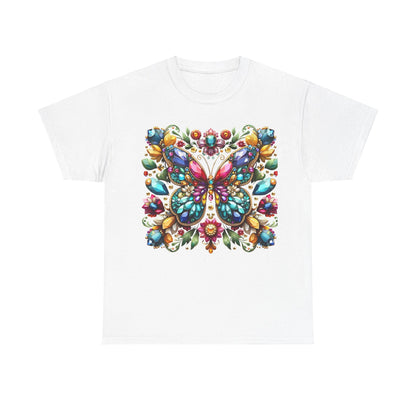 Enchanting Butterfly Brooch Unisex T Shirt Graphic Tee in white showcasing an exquisite butterfly graphic adorned with sparkling gemstones, ideal for luxurious style.