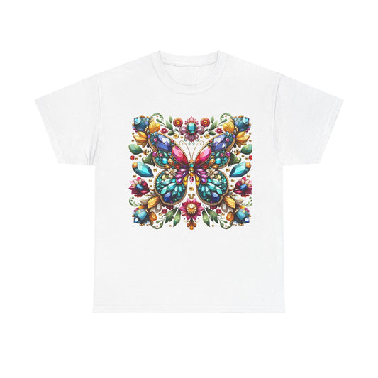 Enchanting Butterfly Brooch Unisex T Shirt Graphic Tee in white showcasing an exquisite butterfly graphic adorned with sparkling gemstones, ideal for luxurious style.