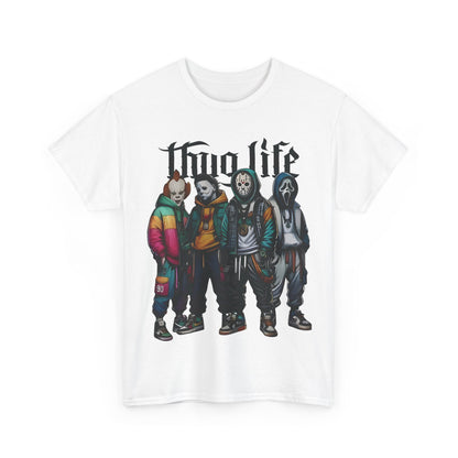 Thug Life Horror Characters Graphic T-Shirt featured on a white backdrop, showcasing renowned horror figures in contemporary urban attire. A luxurious fusion of stylish streetwear and horror themes.
