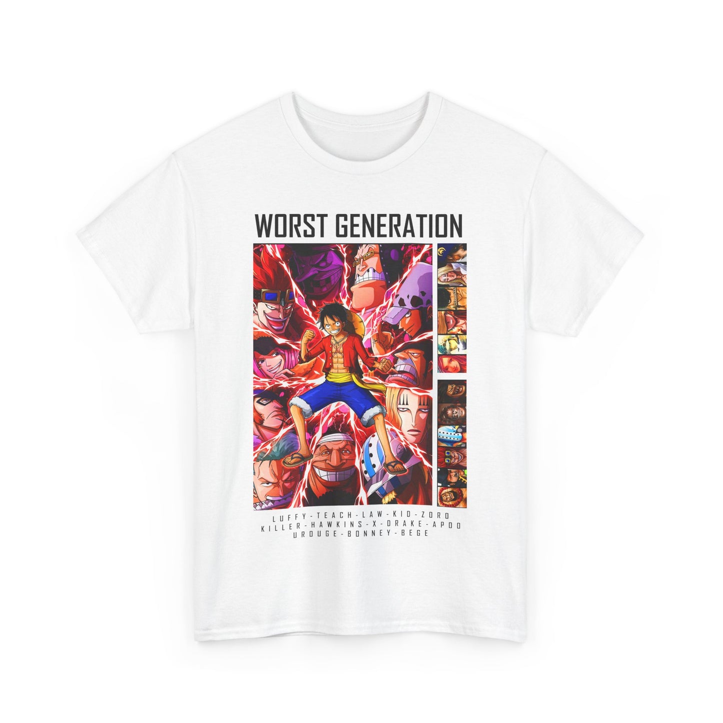 Luxury 'Worst Generation' Mens T-shirt featuring vibrant character graphics from the anime. Perfect for fans looking to showcase their love for adventure and style.