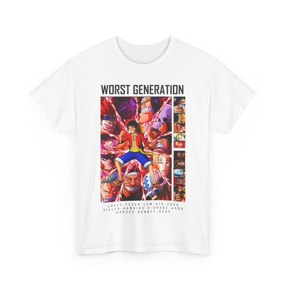 Luxury 'Worst Generation' Mens T-shirt featuring vibrant character graphics from the anime. Perfect for fans looking to showcase their love for adventure and style.