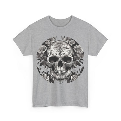 Front view of the Skulls and Roses Cotton Tee in grey with a stunning skull and rose graphic, showcasing alternative fashion with a stylish touch.