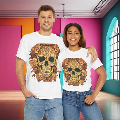 Fashion-forward duo donning the Skulls and Roses Cotton Tee in white, embodying luxury and edgy style with the detailed skull and rose graphic design.