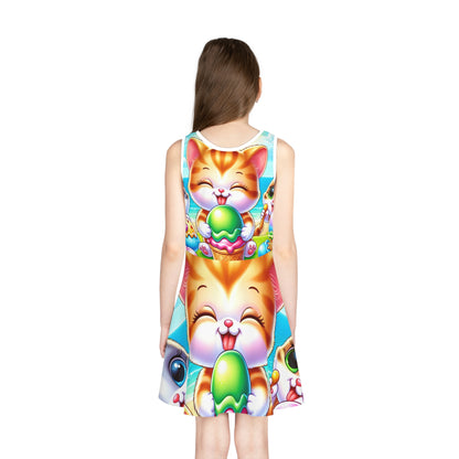 Lila Whimsy Girls Sundress designed by Dazzling Dreams Studio, showcasing a playful design of kittens and ice cream, perfect for luxury summer wear.
