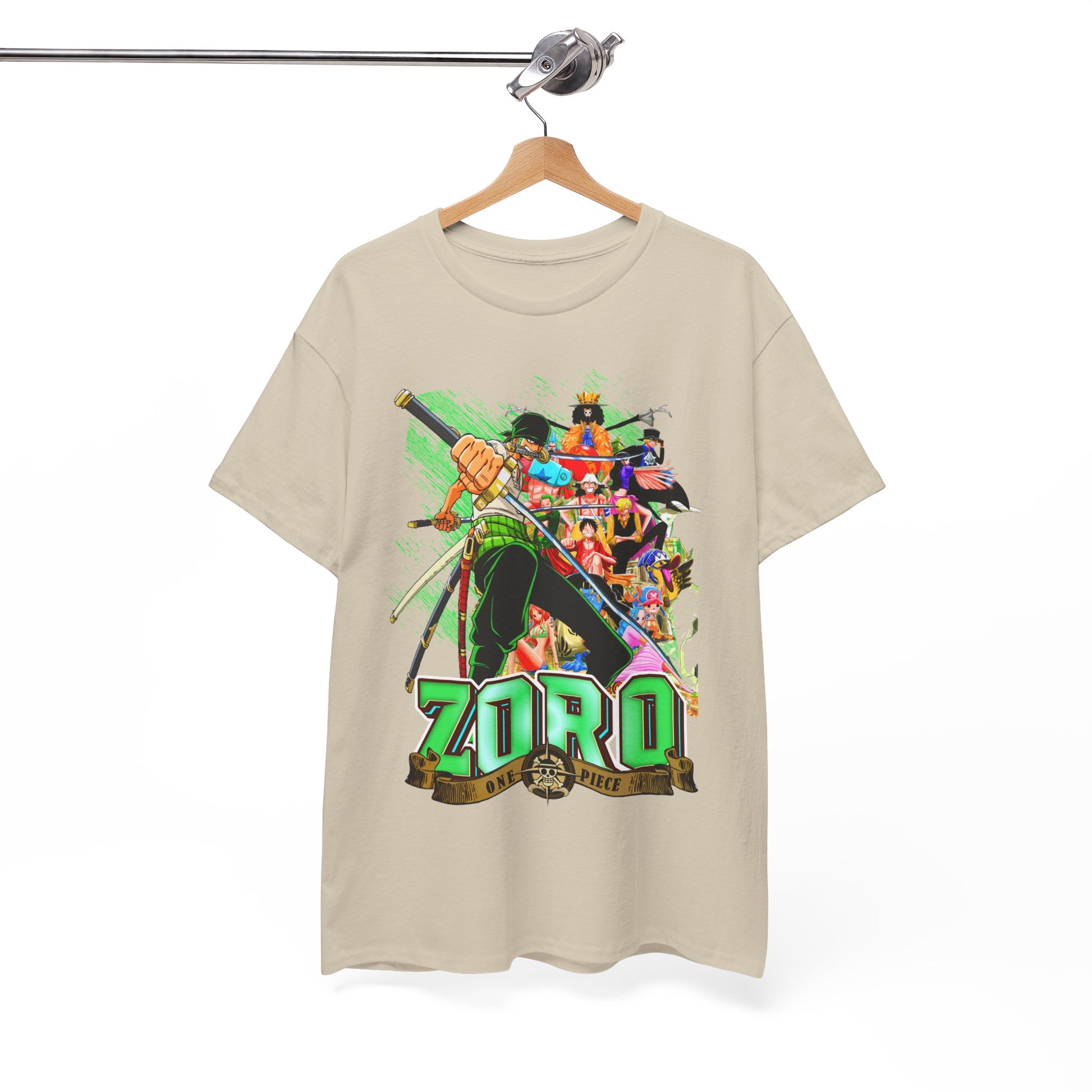 Elegant One Piece Zoro graphic tee displayed on a hanger, showcasing the detailed illustration of Zoro amidst a dynamic background, ideal for stylish casual wear.