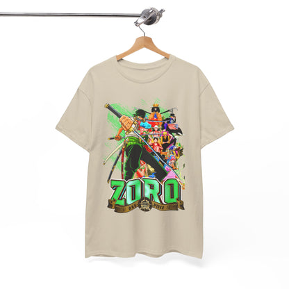 Elegant One Piece Zoro graphic tee displayed on a hanger, showcasing the detailed illustration of Zoro amidst a dynamic background, ideal for stylish casual wear.