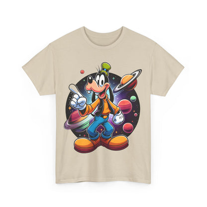 Front view of Cosmic Goofy Unisex Graphic Tee - Playful Disney Design, Vibrant Illustration in Cosmic Wonderland, featuring a colourful graphic of Goofy surrounded by planets, radiating charm and whimsy.