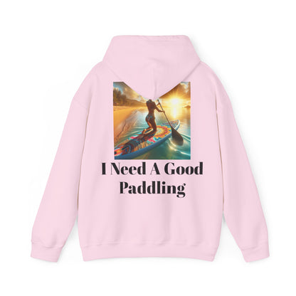 Fantasy Paddleboarding Unisex Hooded Sweatshirt in pink, featuring a charming back design with a beautiful scene of a woman paddleboarding under the sunset, ideal for those who appreciate unique style.
