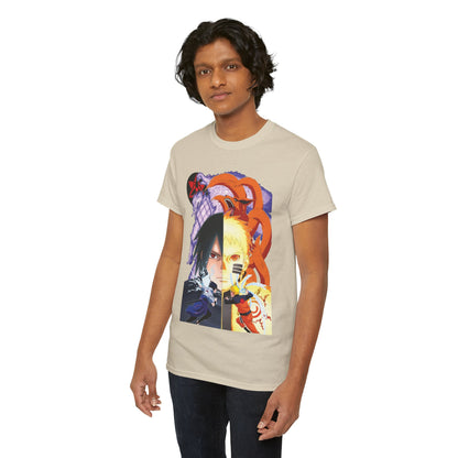 Confident male model showcasing a chic anime t-shirt featuring Sasuke and Naruto, portraying a sophisticated blend of luxury and pop culture charm.