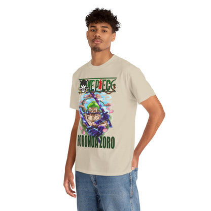Elegant Roronoa Zoro graphic t-shirt featuring a detailed illustration of the character surrounded by delicate pink flowers, perfect for anime enthusiasts.
