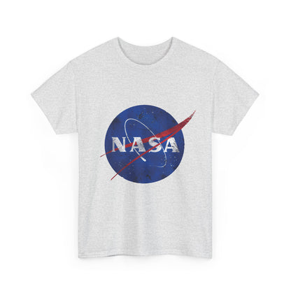 Front view of the Urban NASA Logo Graphic T-Shirt displaying a vibrant NASA logo graphic on a grey background, crafted for style-conscious individuals who appreciate luxury casual wear.