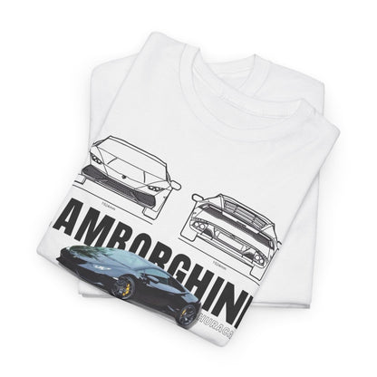 Sophisticated T-shirt in white featuring Lamborghini Huracán technical drawing, merging art and engineering in an unforgettable design.