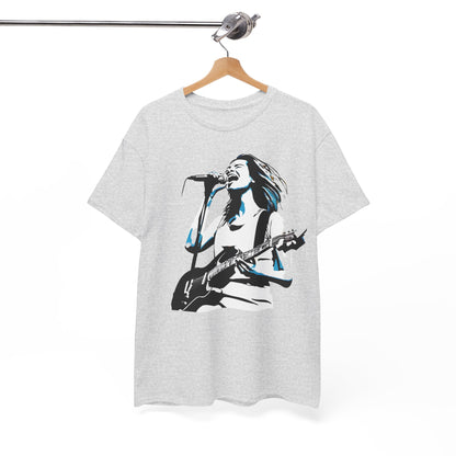 Chic Legend of Rock Graphic T-Shirt displayed on hangers, featuring a vibrant graphic of a musician, ideal for unisex cotton collection.