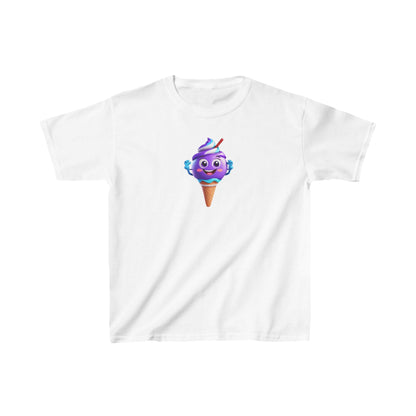 Unisex Delighted Ice Cream Graphic Cotton Tee in white, featuring a playful purple ice cream character, ideal for kids who love stylish comfort.