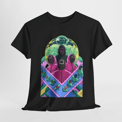 Luxurious black graphic tee featuring a vibrant design inspired by a famous survival game, showcasing iconic characters in vivid colours that make a bold fashion statement.