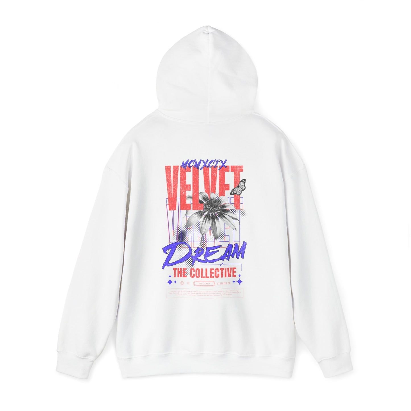 Striking white hoodie adorned with vibrant VELVET DREAM artwork, blending artistic graphics with luxury streetwear style.