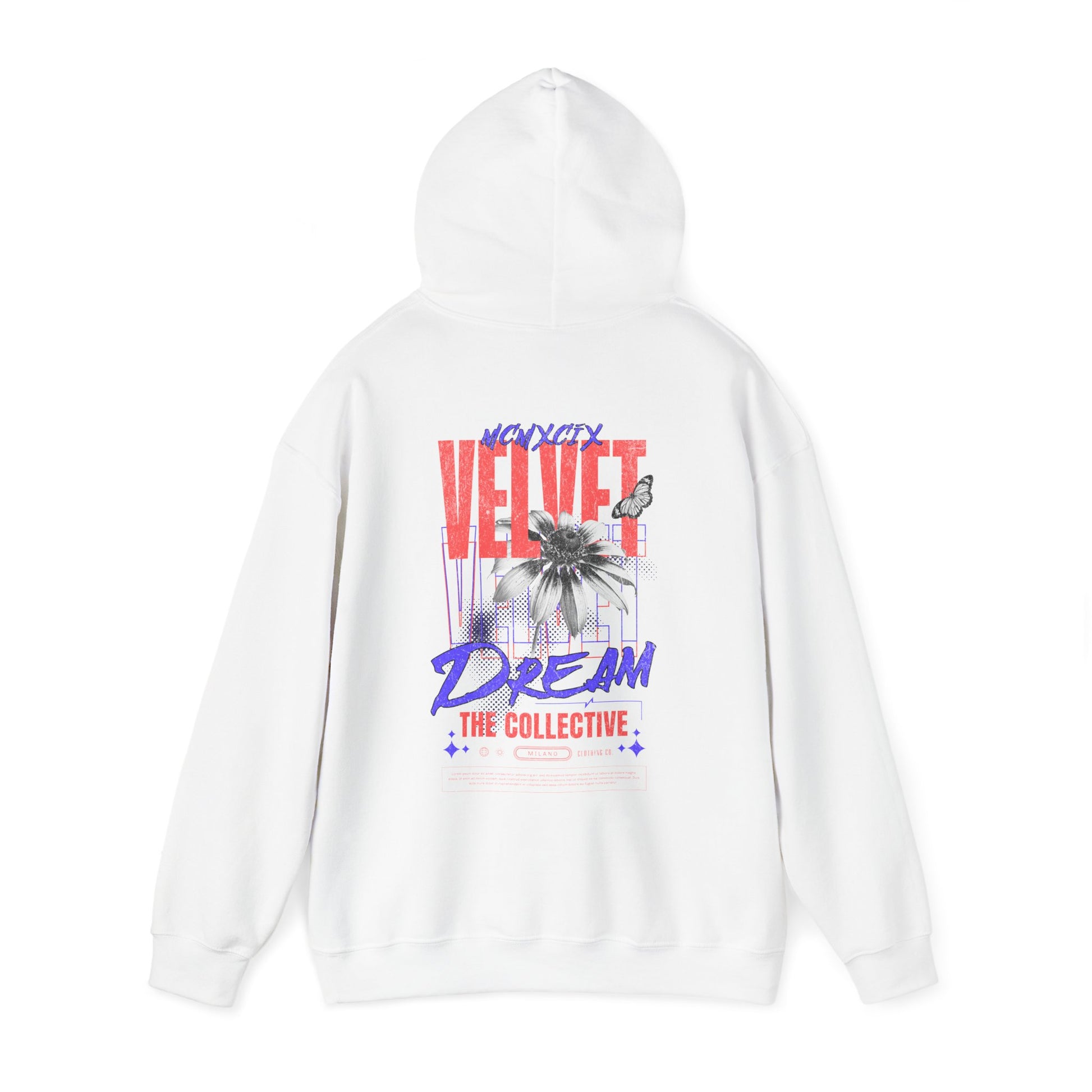 Striking white hoodie adorned with vibrant VELVET DREAM artwork, blending artistic graphics with luxury streetwear style.