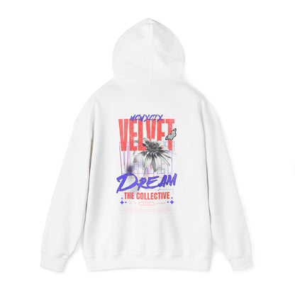 Striking white hoodie adorned with vibrant VELVET DREAM artwork, blending artistic graphics with luxury streetwear style.