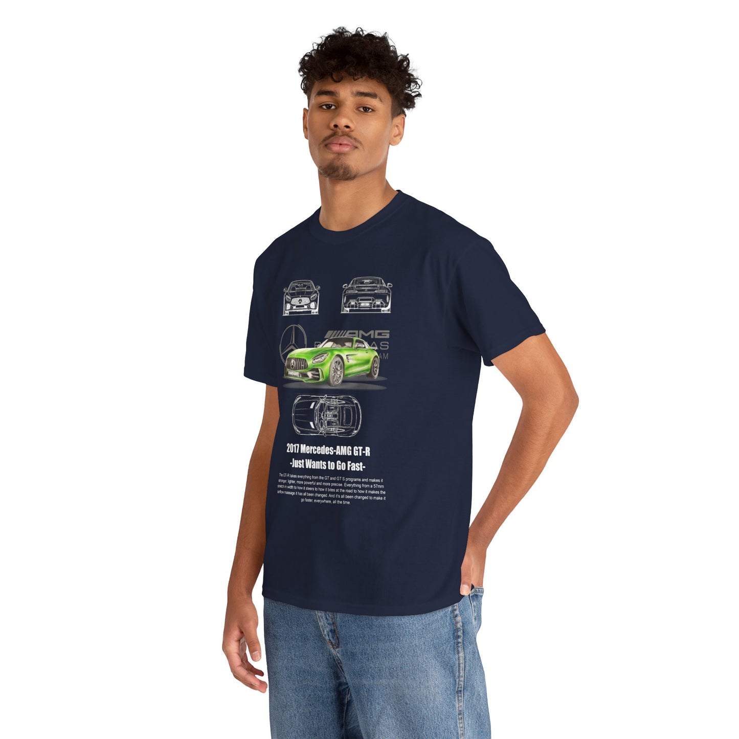 A model showcasing the stylish navy blue Mercedes-AMG GT-R T-shirt, featuring striking graphics and the iconic green sports car design.