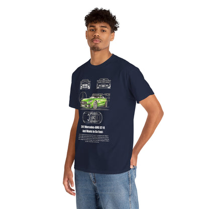 A model showcasing the stylish navy blue Mercedes-AMG GT-R T-shirt, featuring striking graphics and the iconic green sports car design.