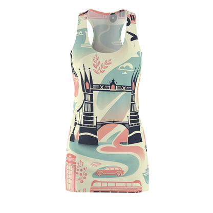 Pastel London Landmarks Racerback Dress featuring an elegant design inspired by iconic sights of London such as Big Ben and the London Eye.