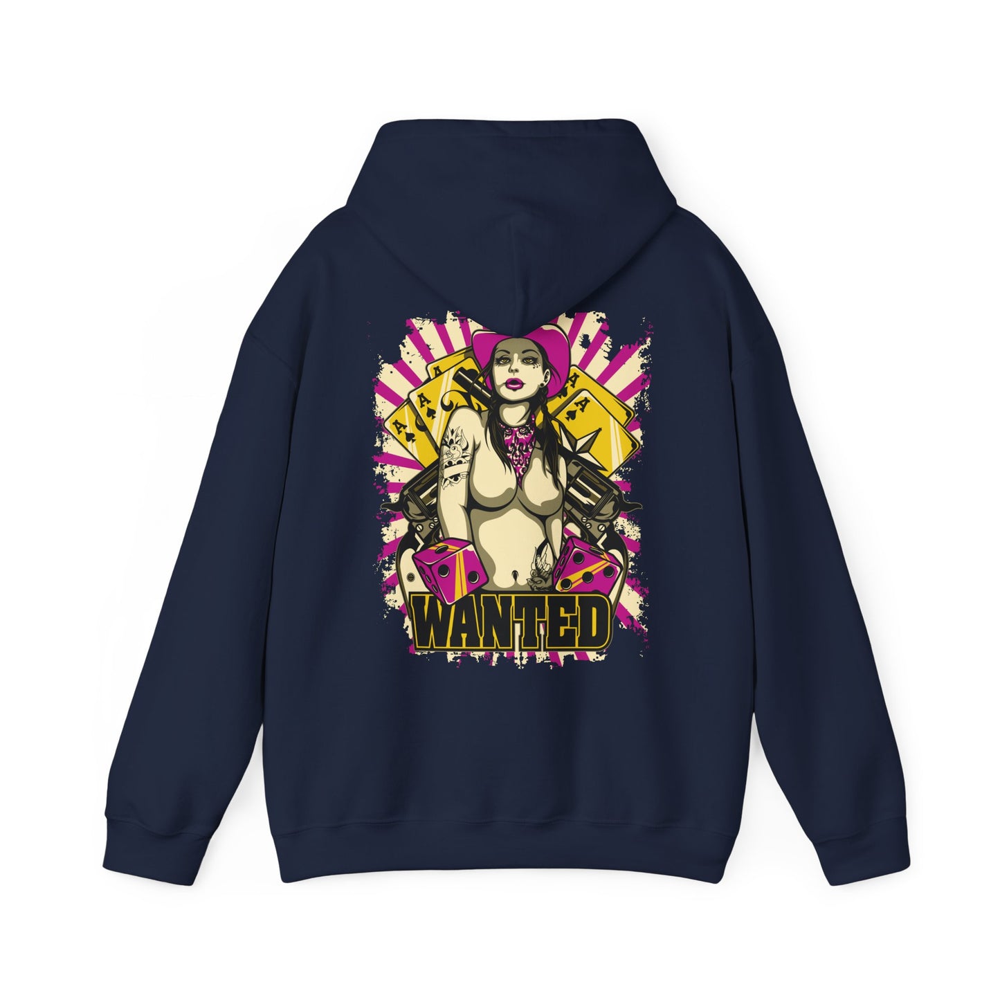 Sophisticated navy hoodie adorned with a captivating back graphic of a fierce woman in a pink cowboy hat, embellished with playing cards and dice, embodying a daring and stylish aesthetic.