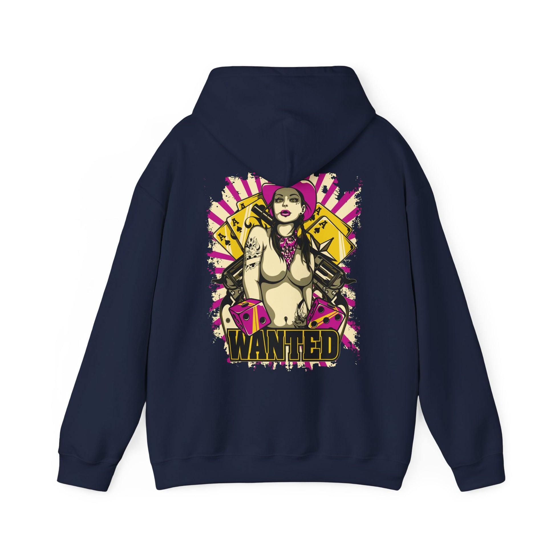 Sophisticated navy hoodie adorned with a captivating back graphic of a fierce woman in a pink cowboy hat, embellished with playing cards and dice, embodying a daring and stylish aesthetic.