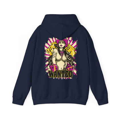 Sophisticated navy hoodie adorned with a captivating back graphic of a fierce woman in a pink cowboy hat, embellished with playing cards and dice, embodying a daring and stylish aesthetic.