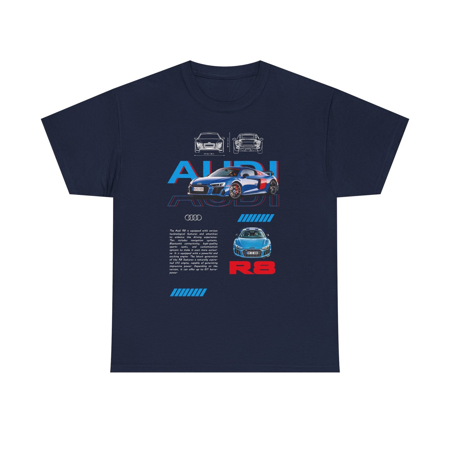 Stylish Audi R8 Men's T-Shirt in navy blue, adorned with high-performance graphics and a refined modern style.