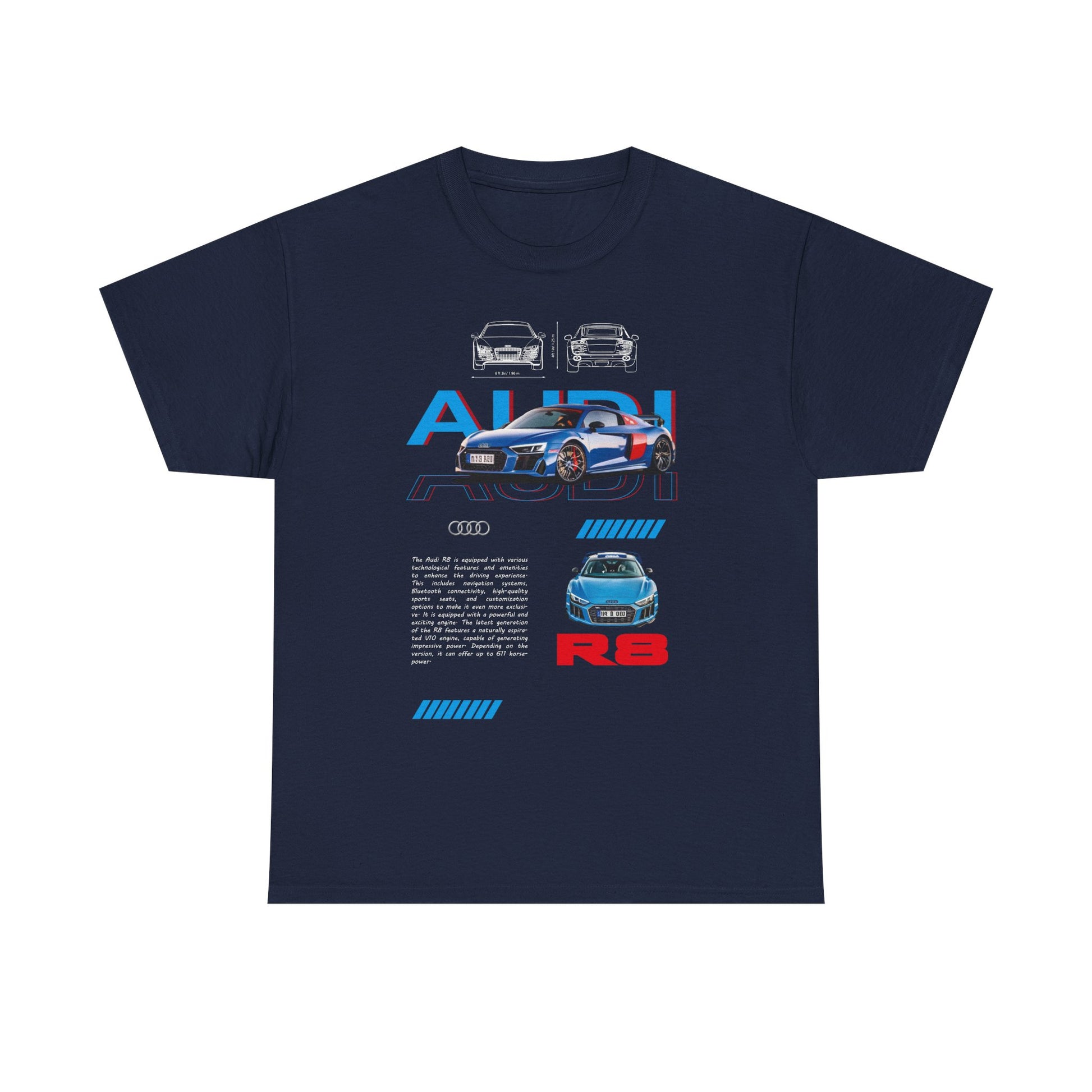 Stylish Audi R8 Men's T-Shirt in navy blue, adorned with high-performance graphics and a refined modern style.