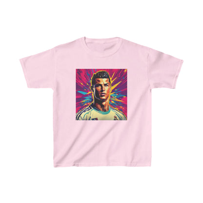 Kids Cristiano Ronaldo Heavy Cotton T-Shirt in soft pink hue displaying a bold graphic of Cristiano Ronaldo, ideal for young fans of the football legend.