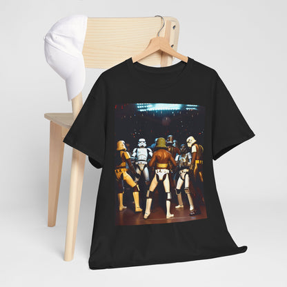 Premium black t-shirt adorned with a vivid Stormtrooper assembly, depicting a fun Star Wars aesthetic that stands out.