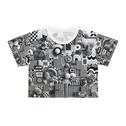 Flat lay of the Valentina Belleveau Modern Patterned Crop Tee displaying its eye-catching white backdrop and intricate checkerboard pattern, designed by Dazzling Dreams Studio.