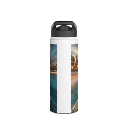 Fantasy Paddleboarding Stainless Steel Water Bottle with a stylish, sleek orientation highlighting tropical beach scenery.