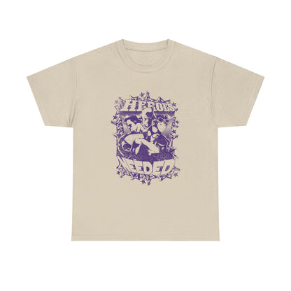 Close-up of Dynamic Men's T-Shirt Bold Heroes Graphic Design Featuring Iconic Superheroes with intricate detailing and starry infusion, perfect for comic enthusiasts.