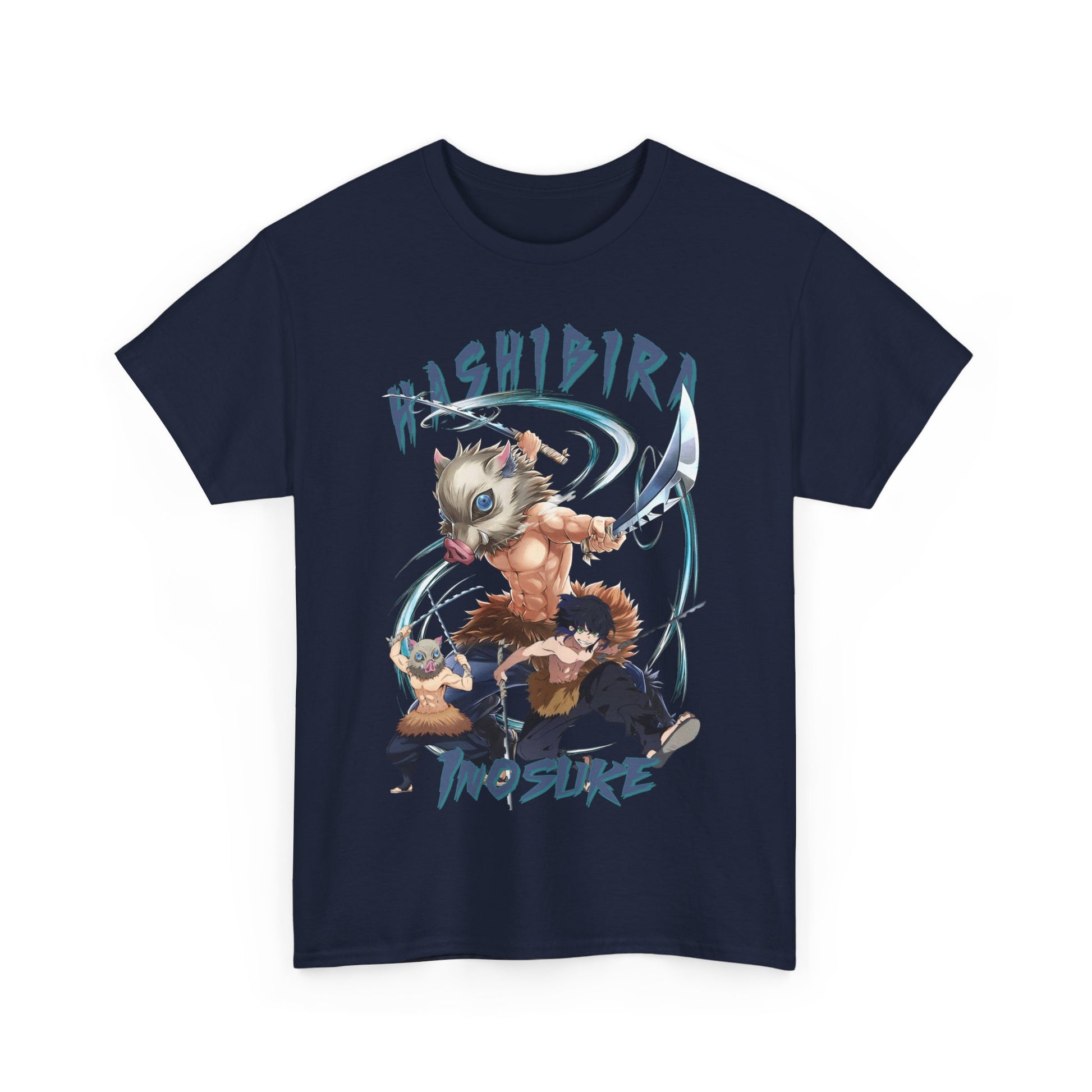Rich navy Hashibira Inosuke-inspired graphic tee elegantly positioned, featuring exquisite anime-inspired artwork and striking designs that appeal to sophisticated anime enthusiasts.