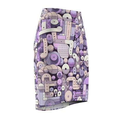 Model wearing the Vivienne Starling Abstract Pastel Purple Pencil Skirt from Dazzling Dreams Studio, styled for a chic office look with a modern blouse, reflecting elegance and comfort.