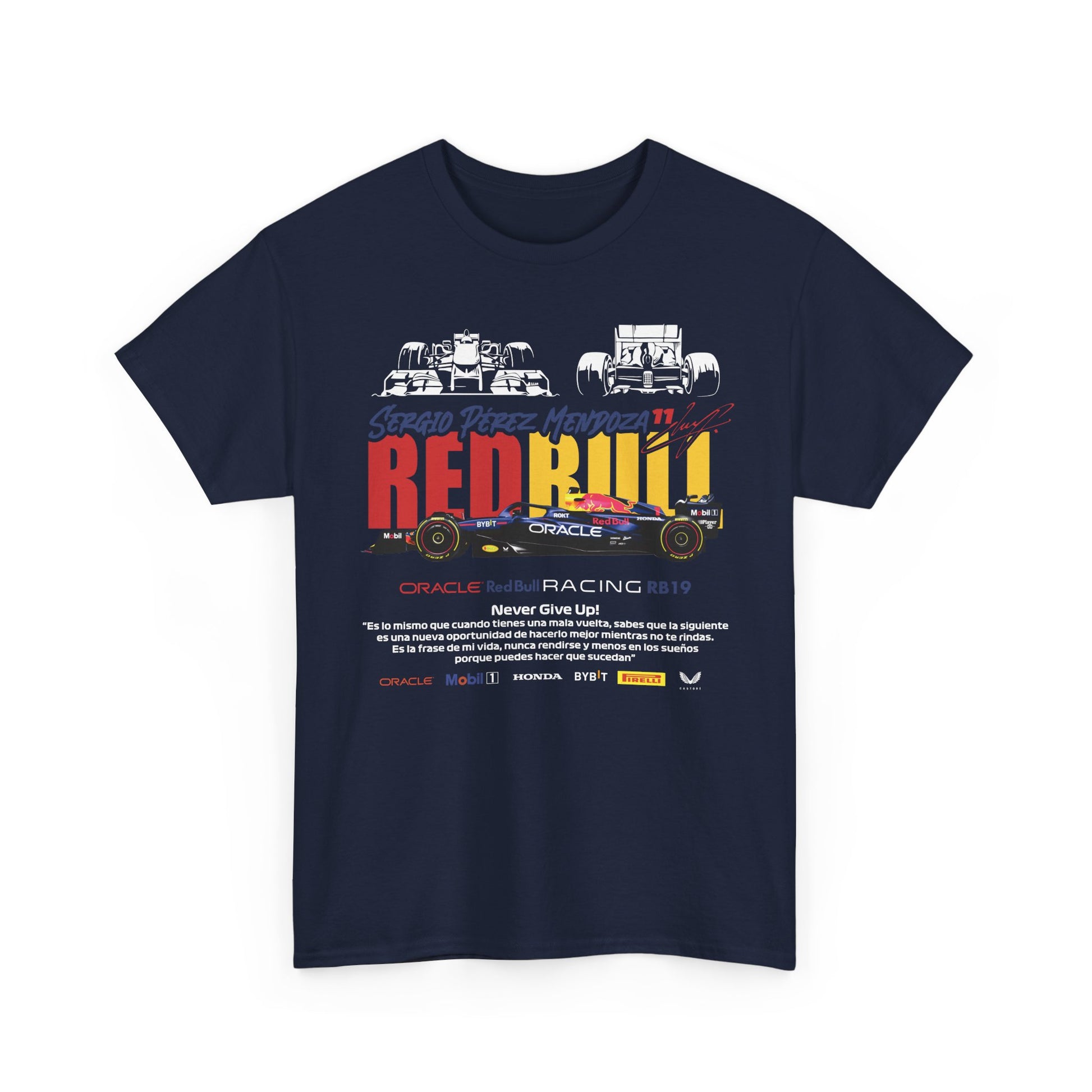 Luxurious Red Bull Racing RB19 Men's T-Shirt featuring dynamic graphics of Sergio Pérez and motivational quotes, crafted in premium navy fabric for comfort and style. Perfect for motorsport enthusiasts.