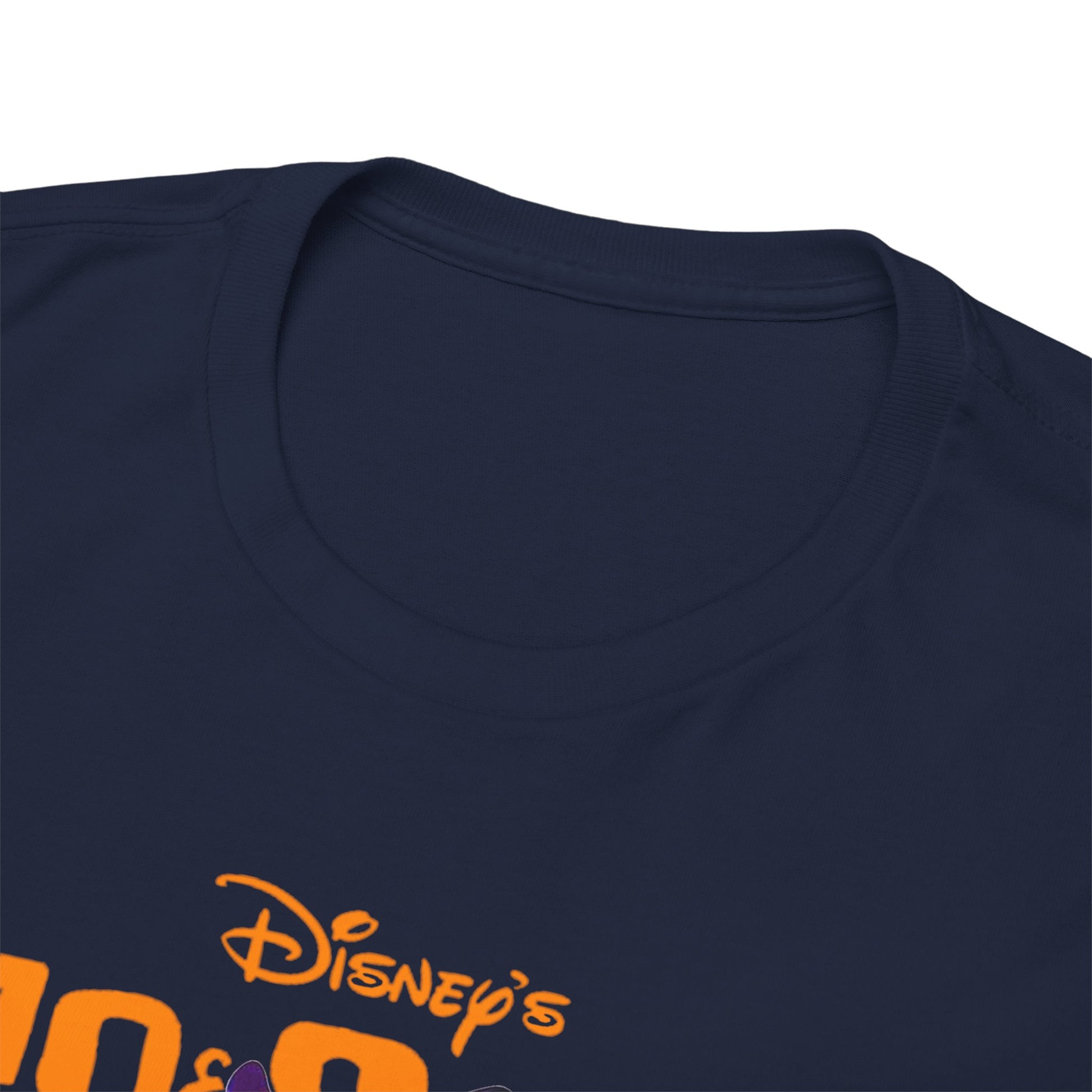 Elegant navy blue neckline of the luxurious Lilo & Stitch graphic t-shirt featuring vibrant Disney-inspired design.