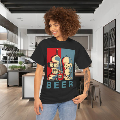 Bender and Homer Beer Poster Graphic T-Shirt Urban Unisex Cotton Tee on a model in a contemporary kitchen, showcasing a whimsical design that merges pop culture with luxury.