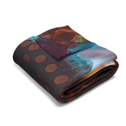 Luxurious Decorative and Warm Halloween Dia Del Muerte Arctic Fleece Blanket elegantly folded, showcasing its vibrant design of celestial hues.