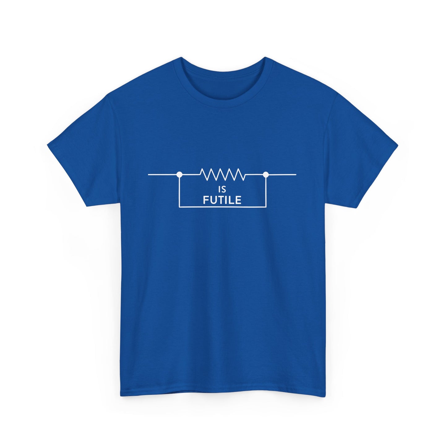High-end blue unisex tee shirt featuring a sophisticated print that reads 'IS FUTILE' with a resistor motif.