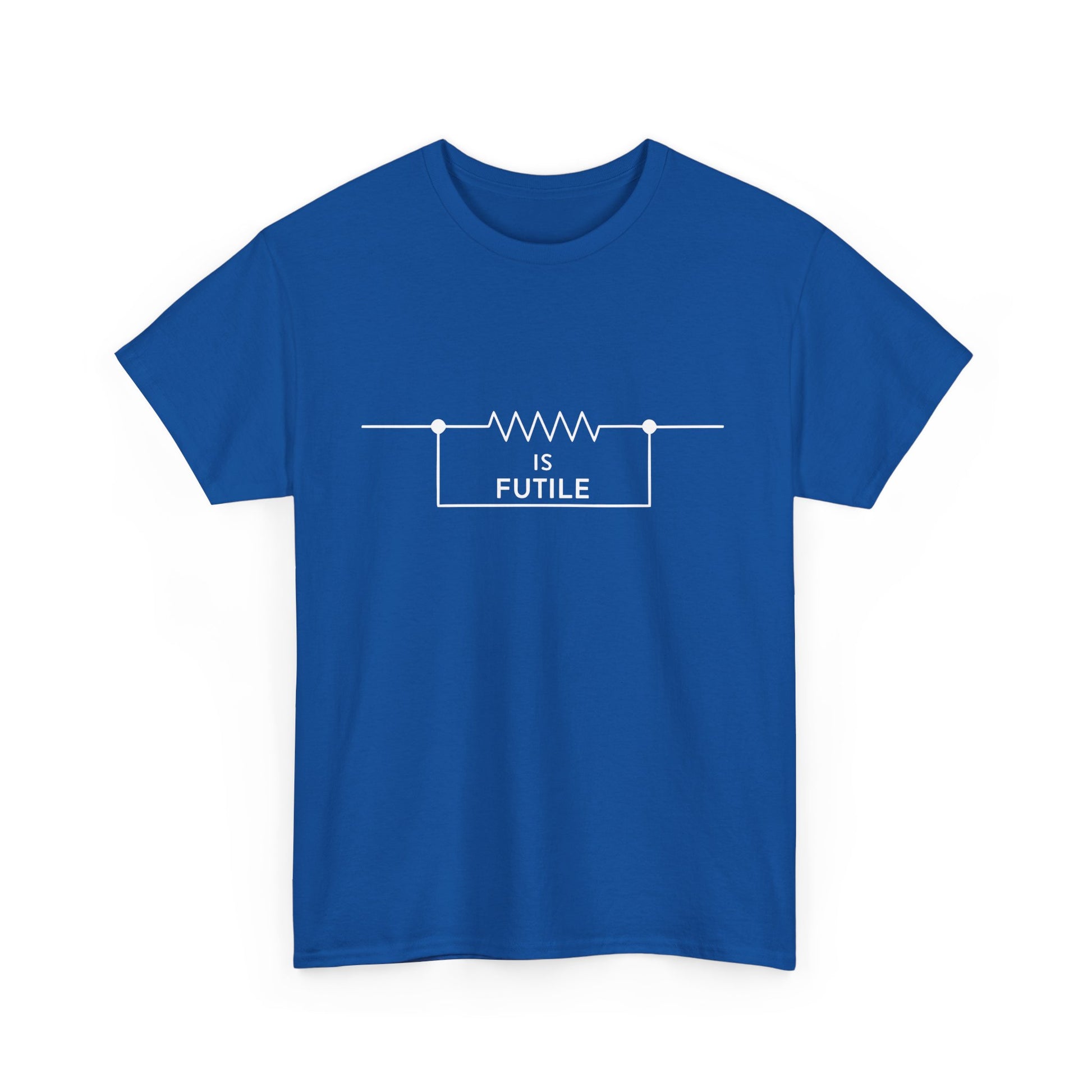 High-end blue unisex tee shirt featuring a sophisticated print that reads 'IS FUTILE' with a resistor motif.