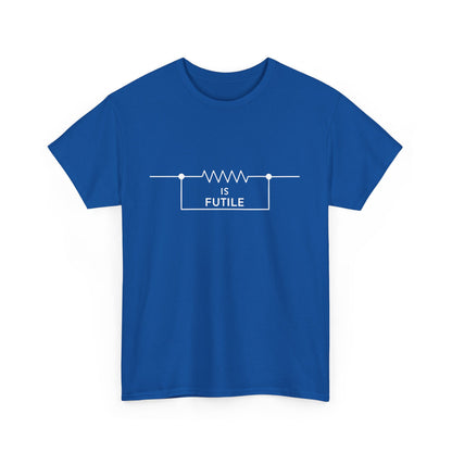 High-end blue unisex tee shirt featuring a sophisticated print that reads 'IS FUTILE' with a resistor motif.