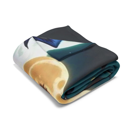 Sublime Decorative and Warm Halloween Cute Arctic Fleece Blanket beautifully folded, highlighting its exquisite illustration of a witch and moon, perfect for sophisticated autumn evenings.