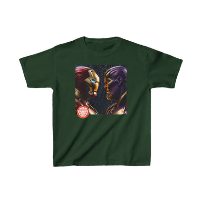 Kids Iron Man Heavy Cotton T-Shirt with Hulk Print, adorned with a striking Iron Man and Thanos visual on an evergreen background, blending comfort and superhero elegance.