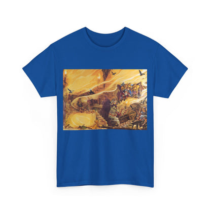 Front view of the blue Discworld Color of Magic Graphic Unisex T-Shirt featuring enchanting artwork inspired by Terry Pratchett's beloved novel.