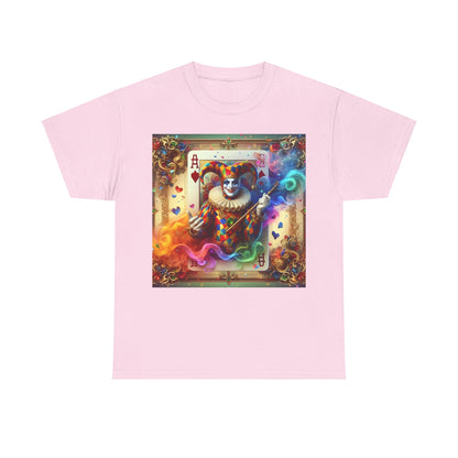 Stylish Harlequin Playing Card Graphic Tee in light pink, featuring an enchanting graphic of a jester, perfect for adding a touch of whimsy to any wardrobe.