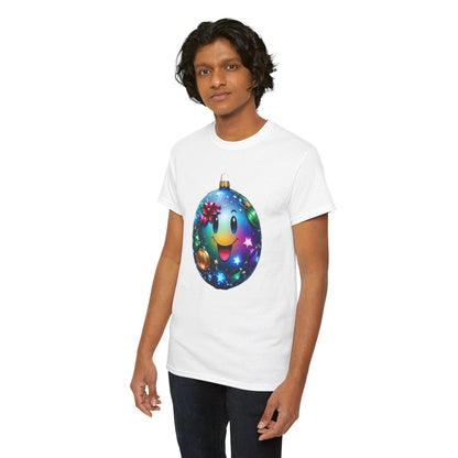 Model wearing the Festive Cheer Christmas Bauble Unisex Cotton T-Shirt Graphic Tee, highlighting the colourful ornament graphic that embodies holiday joy and whimsical charm.
